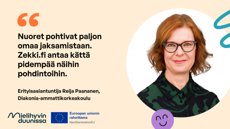 Reija Paanasen kasvokuva ja lainaus artikkelista "Nuoret pohtivat paljon omaa jaksamistaan. Zekki.fi antaa kättä pidempää näihin pohdintoihin."